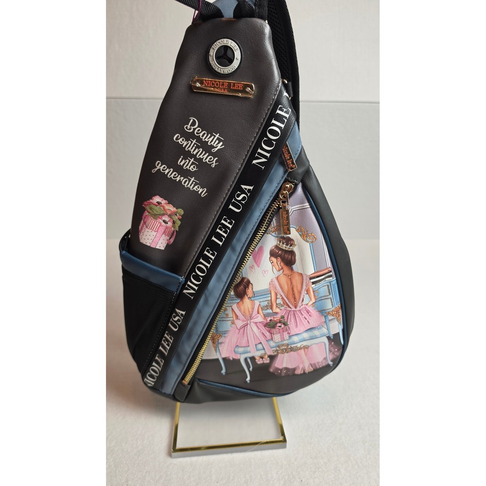 Nicole Lee Double Queens Sling Backpack NWT Black Blue USB Port BP16696-DQS